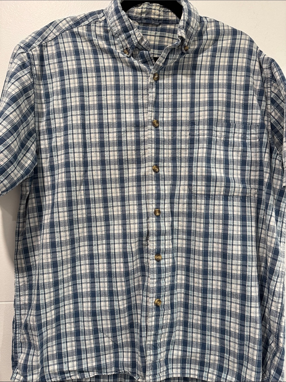 Arizona Jean Co Men's Blue and White Plaid Button-Down Shirt Mens Large